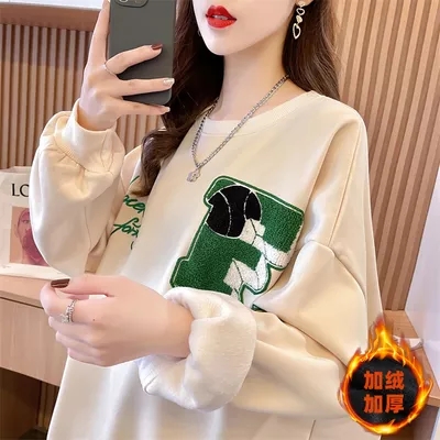 Real shot composite 100 polyester plus velvet thickened Korean style loose large size front and back towel embroidered sweatshirt for women