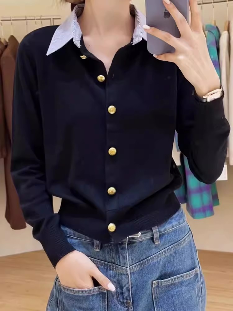 Black fake two piece spliced ​​sweater cardigan for women autumn and winter new chic bottoming shirt with top knitted sweater