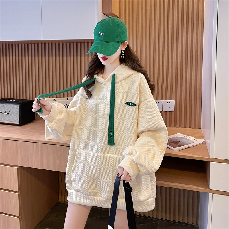 Actual shot of 420g composite jacquard plus velvet Korean style loose large size label sweatshirt for women with collar