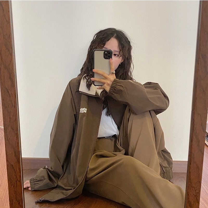 2024 New Spring New Japanese Retro Baseball Jacket Women's Loose Design Contrast Lapel Jacket Top