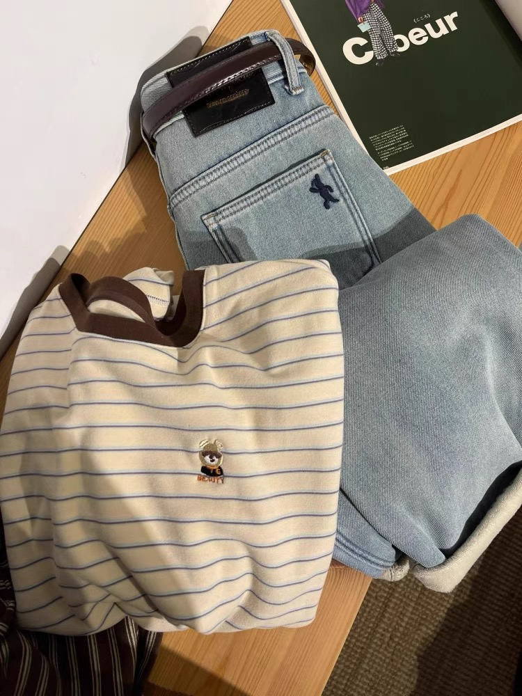 Original 300g official picture extra large size 300kg brushed thickened striped long-sleeved T-shirt for women with winter embroidery