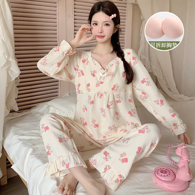 Aishang Spring and Autumn New Style Cloud Cotton Long Sleeve Pajamas with Breast Pads for Girls Sweet Style Home Clothes Set