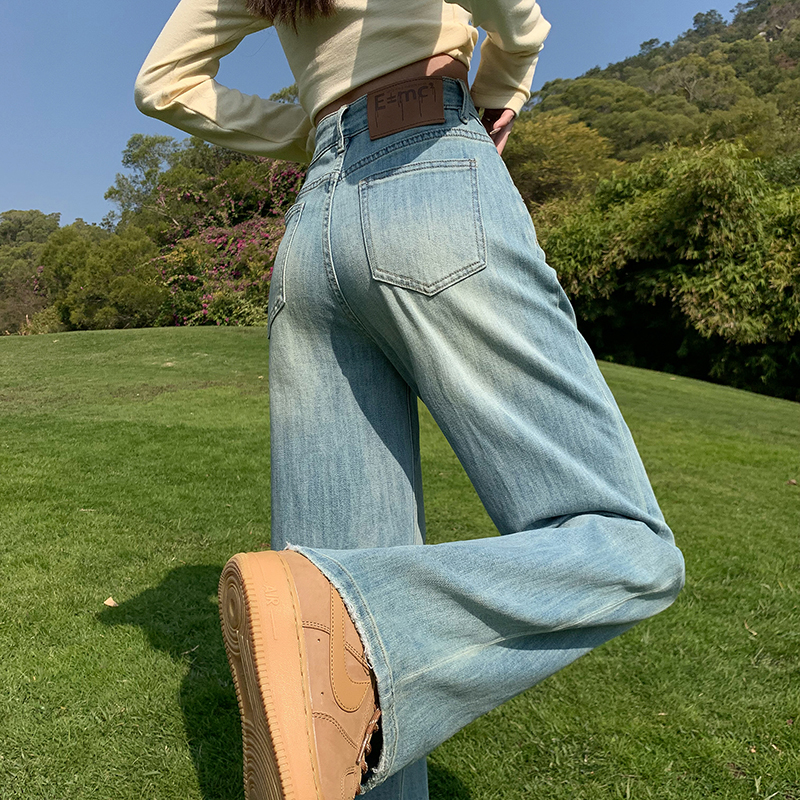 Real shot of nostalgic blue narrow wide-leg jeans for women retro 2024 new stretch nostalgic color straight pants for small people