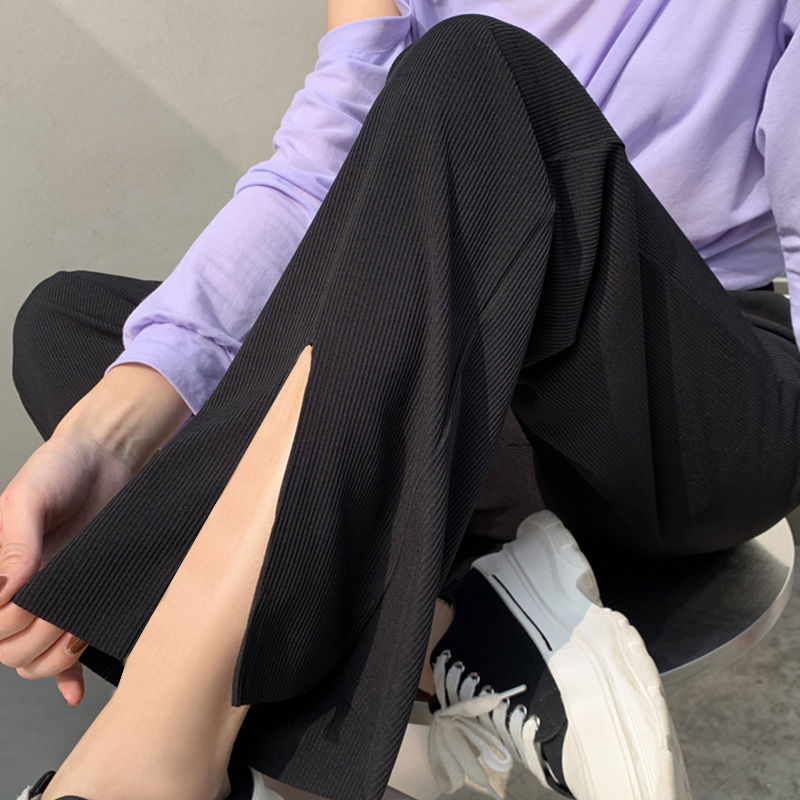 冰絲開叉拖地褲女高腰顯瘦直筒闊腿褲2024新款墜感寬鬆休閒長褲女