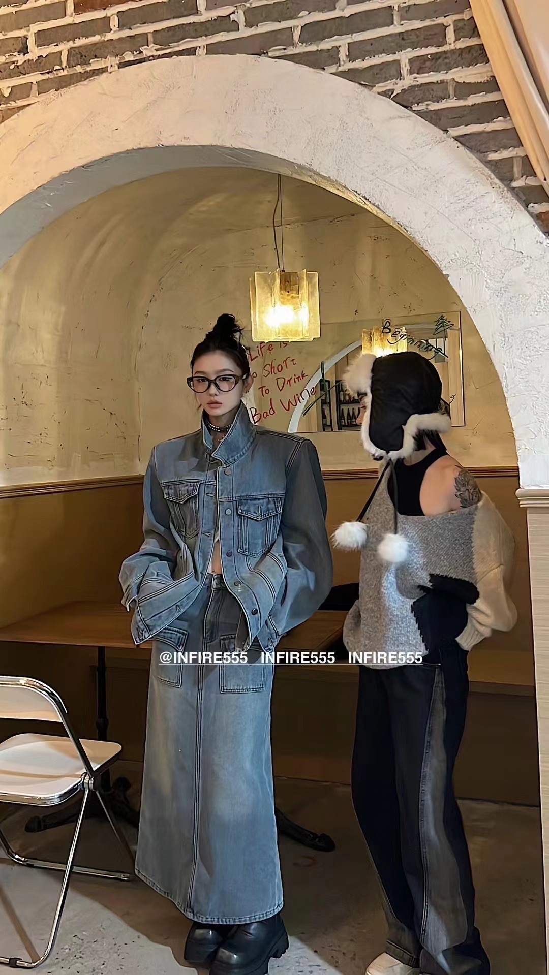 牛仔套裝女復古港味時尚洋氣高級感寬鬆外套半身裙兩件套