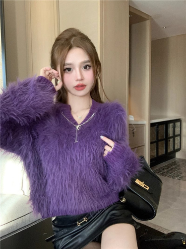 Designed imitation mink sweater, loose, lazy style, long-sleeved v-neck women's autumn and winter short pullover sweater top