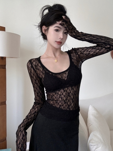 Real shot of hot girl style front and back U-neck retro crocheted lace stretch outer bottoming shirt see-through top