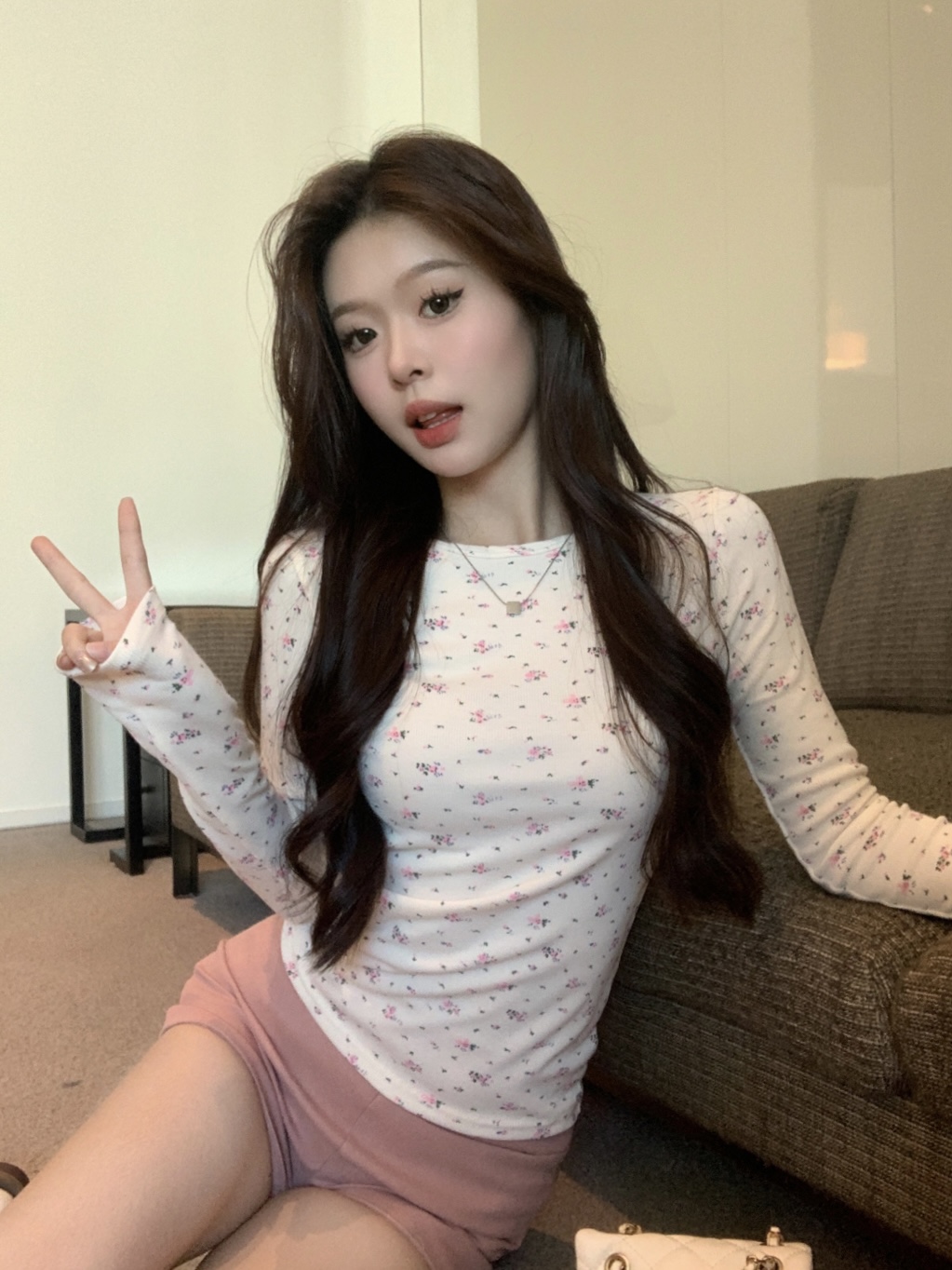 實拍 新款韓版甜美碎花圓領修身顯瘦T恤