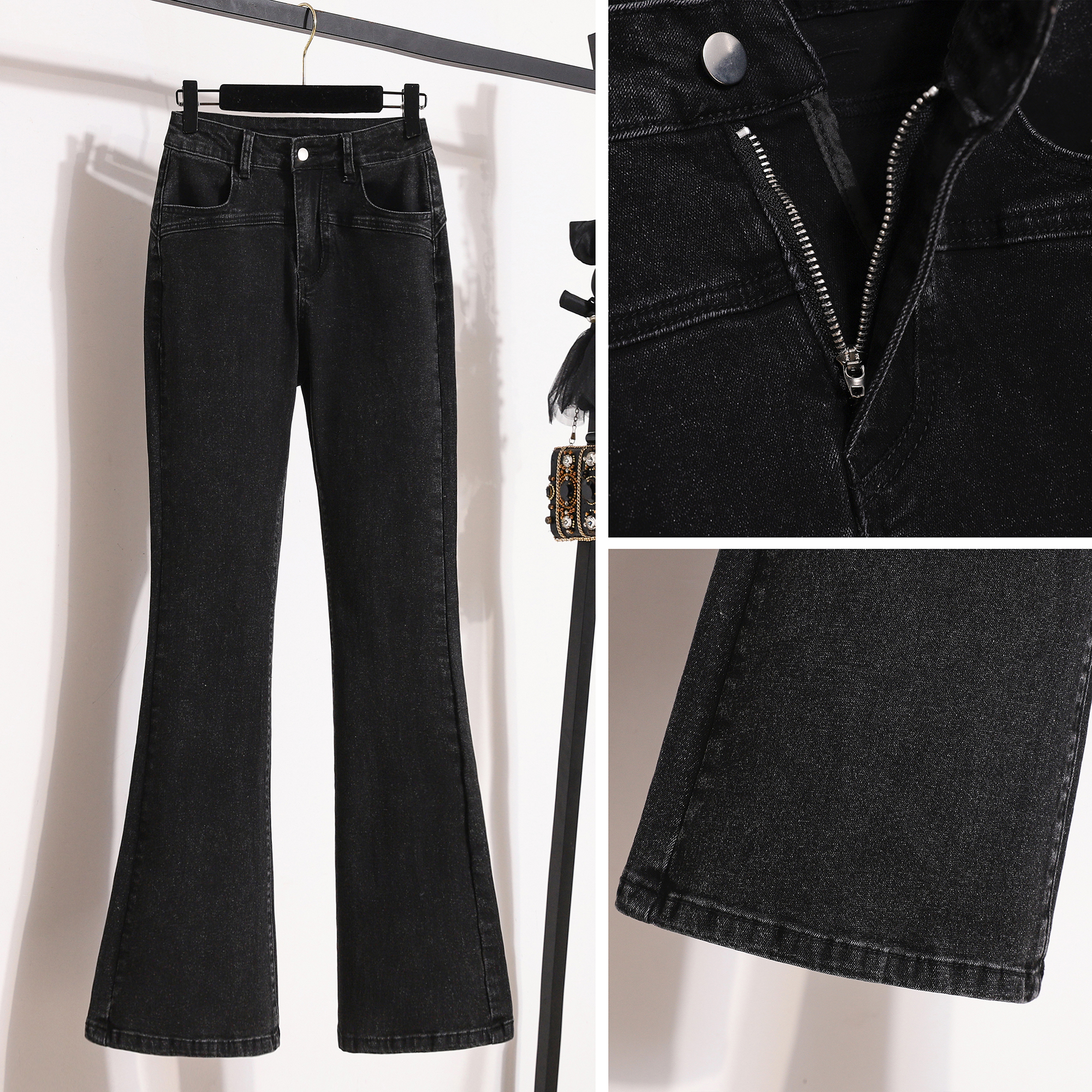 Smoky gray high-waisted jeans for women in plus sizes. Fat girls mm versatile butt-lifting elastic slimming trendy pants.
