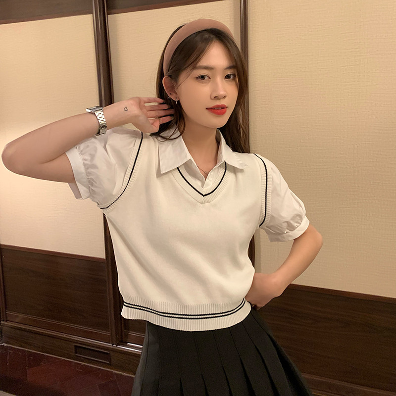 Fake two-piece short shirt for women in summer, contrasting color splicing, slim fit polo collar short-sleeved top + black pleated skirt