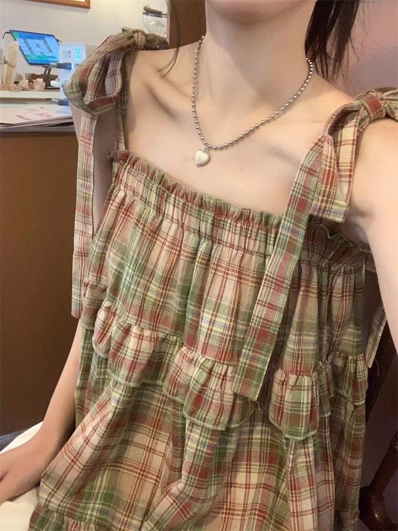 Original yarn-dyed fabric retro lace-up square collar vest small fresh plaid short sweet and cool suspender belt
