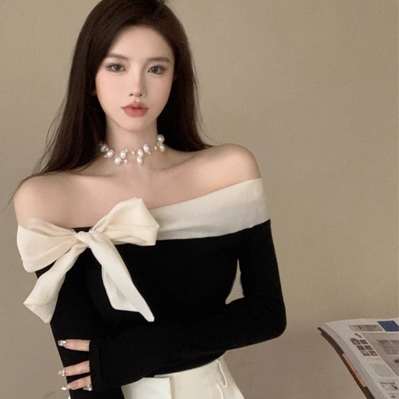 One-shoulder bow long-sleeved T-shirt for women in autumn, gentle temperament, slim short style, contrasting color splicing top