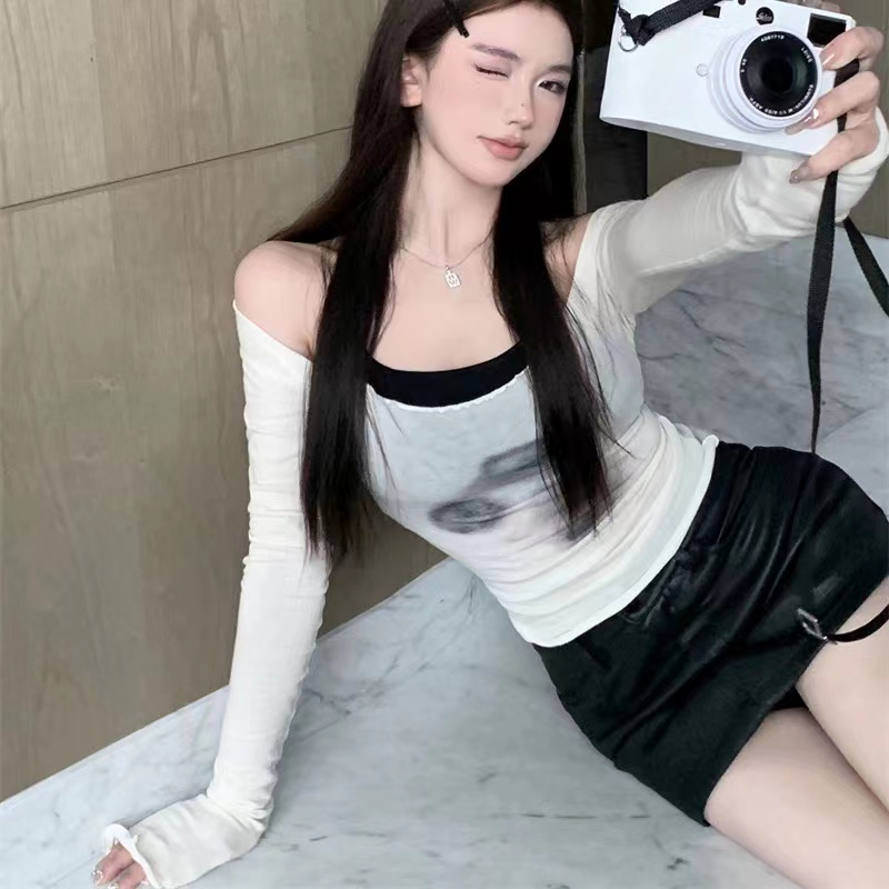 吊帶+上衣倆件套裝長袖T恤女春季新款設計感小眾修身顯瘦打底衫