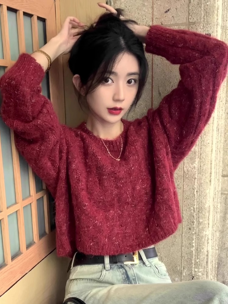 今年流行漂亮短款紅色毛衣女秋冬新款小個子高級感內搭針織衫上衣
