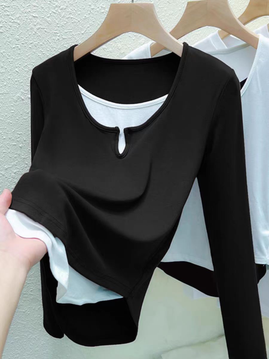 Small V-neck outer wear fake two-piece black bottoming shirt 2024 spring and autumn new style long-sleeved T-shirt women's slim top