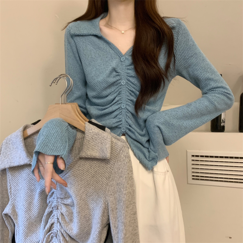 Actual shot of pure lust style Polo collar T-shirt for women, new design, slim fit, navel-baring pleated bottoming top for hot girls