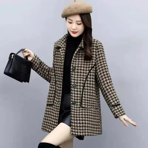 Houndstooth plaid woolen coat for women, spring style, slim and western style mid-length woolen coat