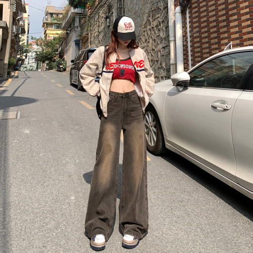 Real shot of the new high waisted coffee colored wide leg denim pants for women in spring, loose and draped floor mopping pants