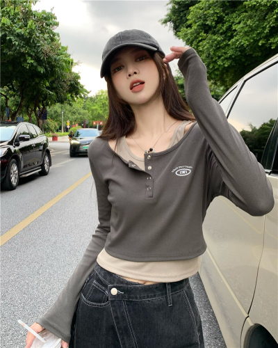 Real shot of American retro hottie slim-fitting fake two-piece long-sleeved T-shirt 2024 spring new bottoming top