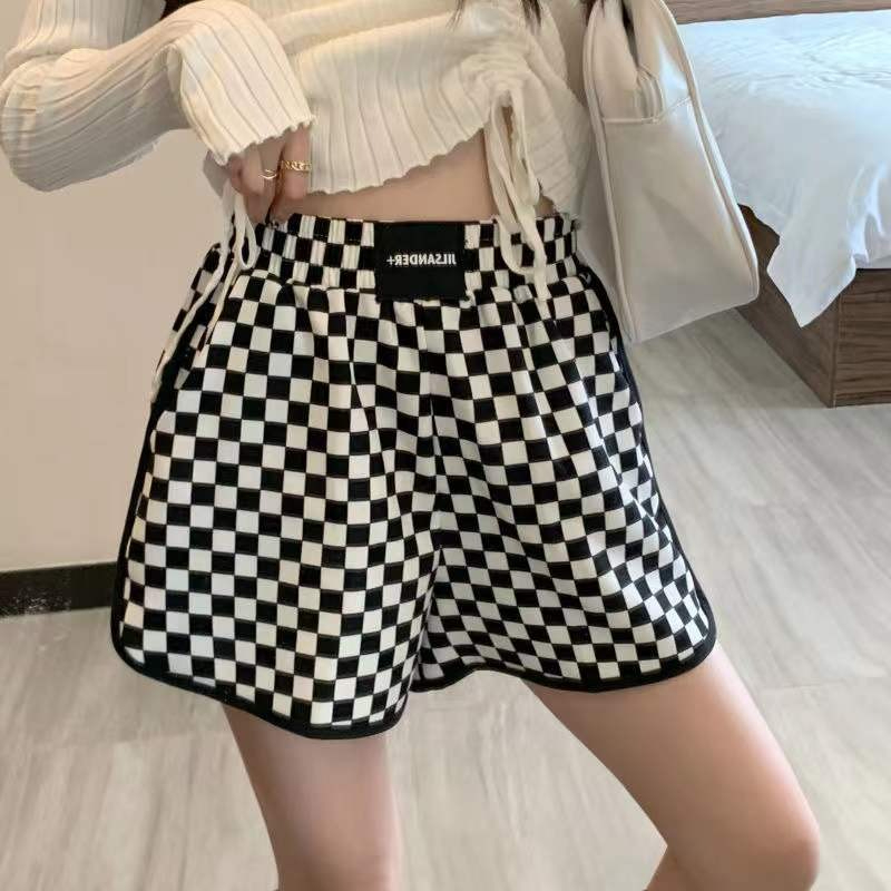 高腰a字棋盤格子運動短褲女夏季熱褲2024年新款寬鬆休閒闊腿褲子