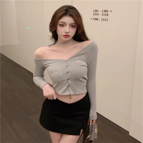 Spring sexy halter neck fufu long-sleeved T-shirt taro purple sweet spicy top short one-shoulder fishbone bottoming shirt