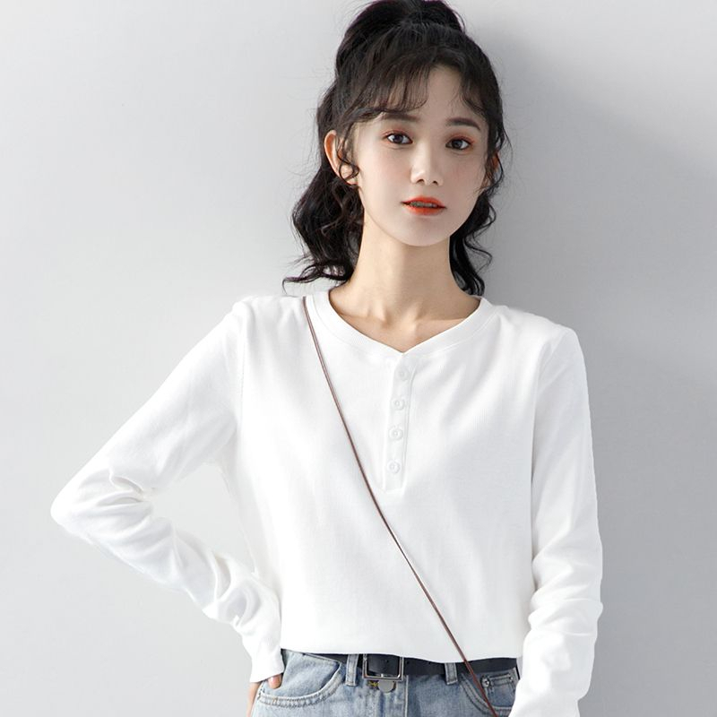 Ice silk thread white long-sleeved T-shirt women's spring and autumn bottoming shirt design niche V-neck top