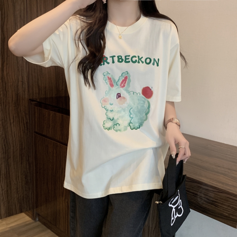 實拍  200g精梳100%純棉中長款寬鬆短袖T恤女大碼