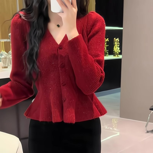 Red knitted cardigan for women with V-neck ruffle design short style 2024 autumn and winter new style temperament high-end slimming versatile