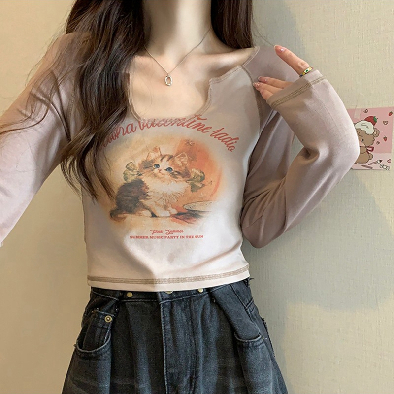 Official picture 6535 stretch cotton pure lust hot girl design printed long-sleeved T-shirt for women with tight inner fit in autumn