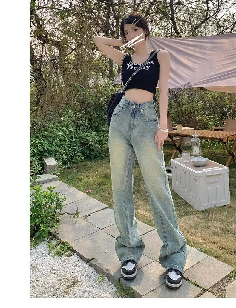 設計感小眾寬鬆大碼牛仔褲女2024年新款高腰小個子顯瘦直筒拖地褲