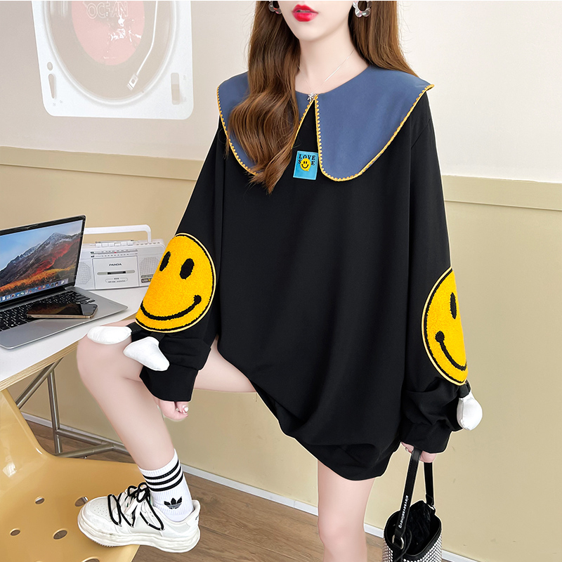 Actual shot-2024 spring original quality extra large size 300 pounds special doll collar mid-length thin sweatshirt for women