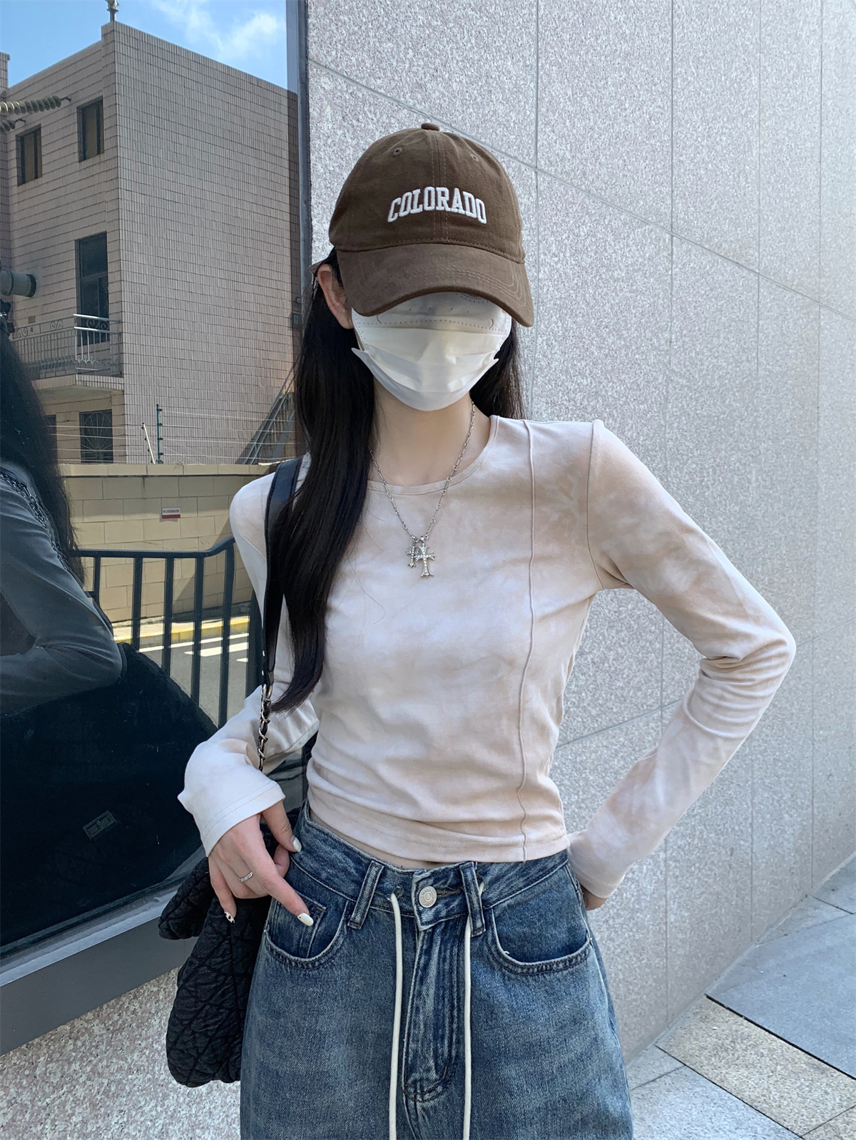 Actual shot of 2024 spring Korean style slim round neck tie-dye hot girl design pure cotton inner long-sleeved T-shirt top