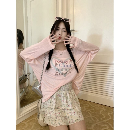 Korean style thin love letter printed long-sleeved pink T-shirt for women with loose design, slim and casual