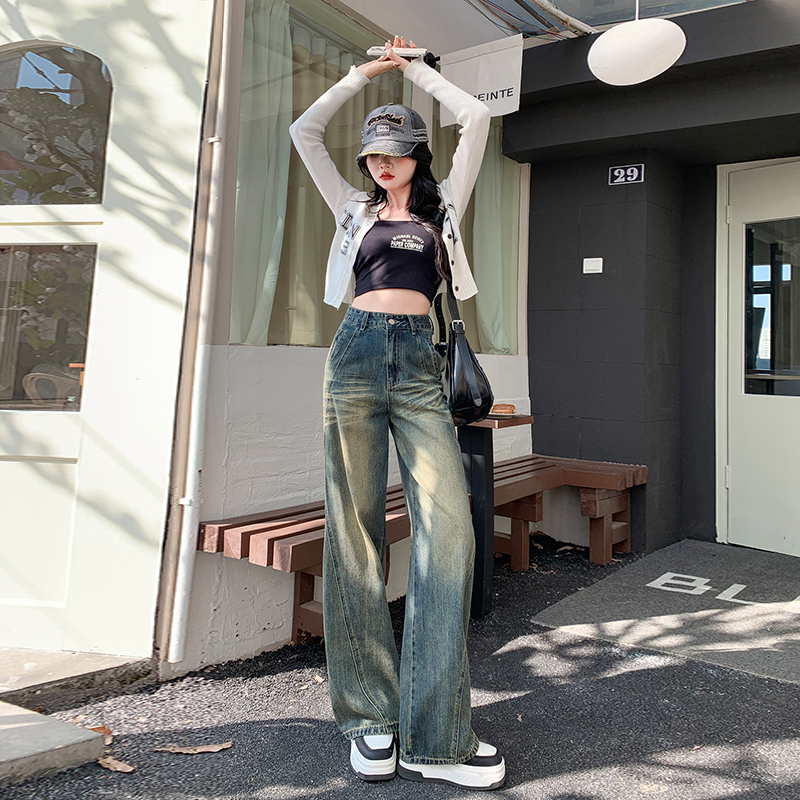 實拍懷舊藍色牛仔褲女2024年新款高腰顯瘦設計感小個子闊腿拖地褲