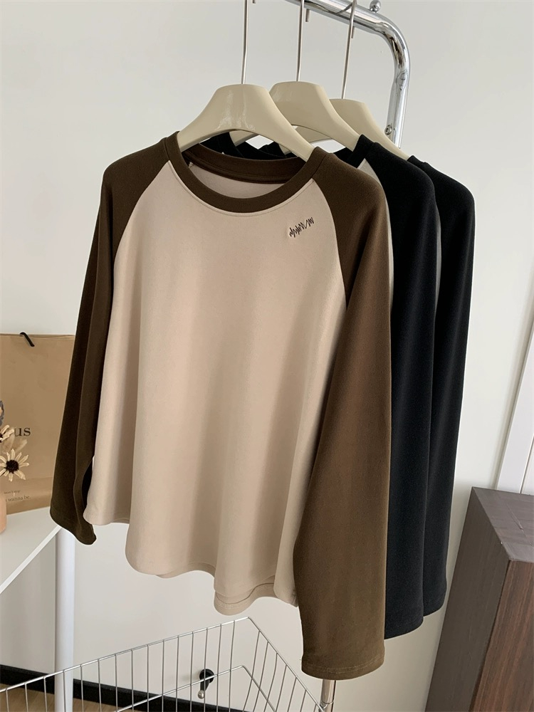 Official picture extra large size 300 pounds contrasting color raglan German velvet long-sleeved T-shirt women's loose embroidered top