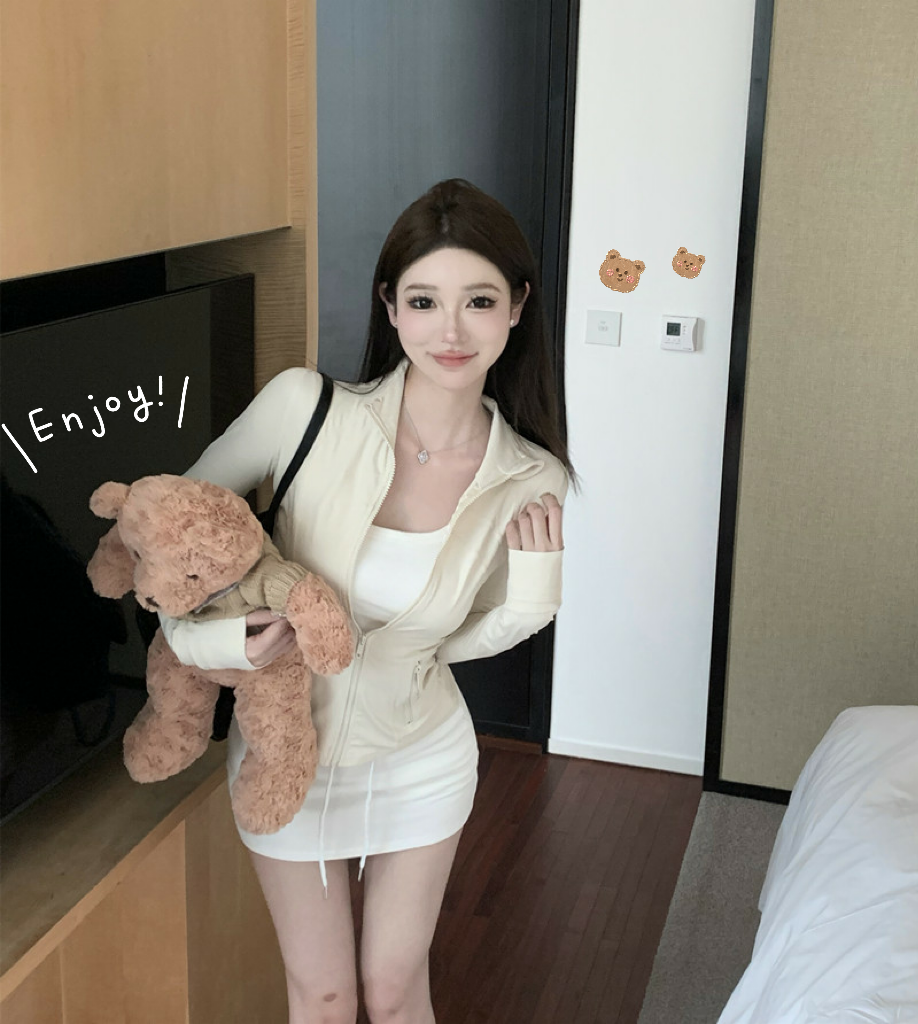 實拍修身顯瘦上衣女春夏純色百搭休閒瑜伽外套+休閒運動半裙