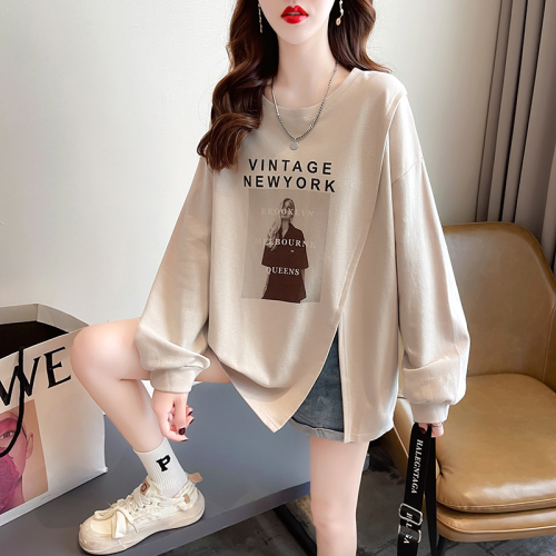 First real shot of the original quality sweatshirt for women in spring and autumn, thin, trendy round neck, slit hem, Korean style top, plus size women's clothing