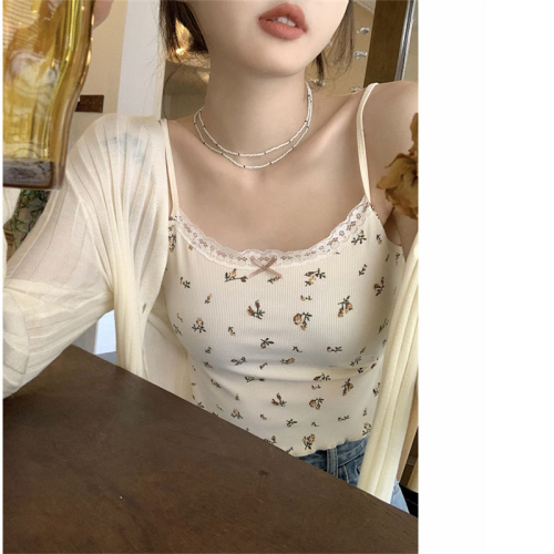 Bow lace French floral bottoming small camisole women's summer short top for inner and outer wear trendy