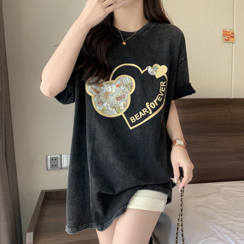 實拍 2024年春夏新款 100%棉220g精梳水洗做舊 寬鬆短袖T恤女寬鬆