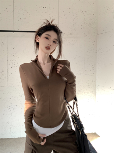 Real shot!  Stand collar zipper brown slim fit long sleeves with chic fake two-piece T-shirt