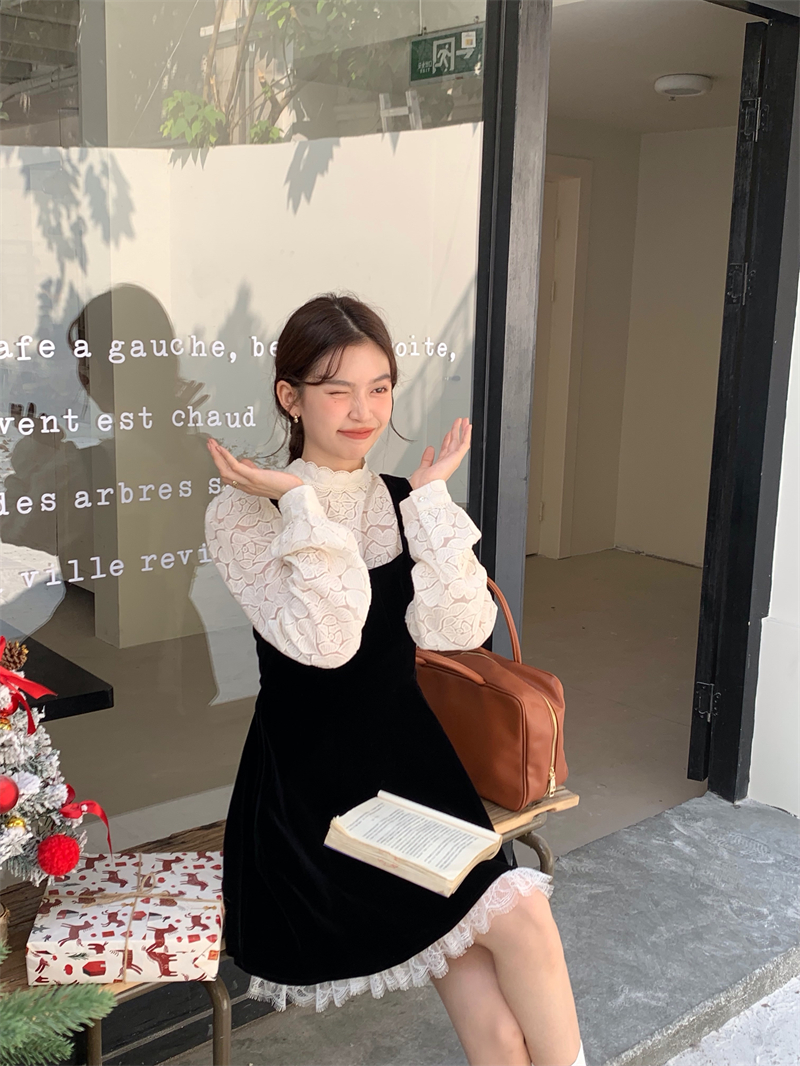 Actual shot of Korean-style small stand-up collar lace shirt velvet vest dress suit