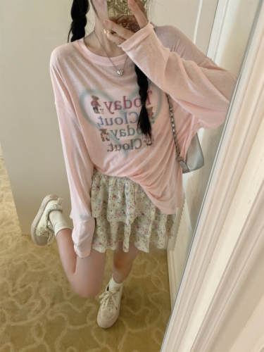 Korean style thin love letter printed long-sleeved pink T-shirt for women with loose design, slim and casual