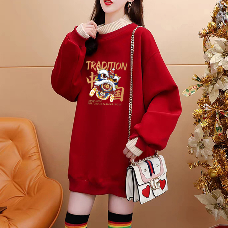 Pure cotton composite super soft autumn and winter super fire dragon print fake two-piece half turtleneck plus velvet sweatshirt for women