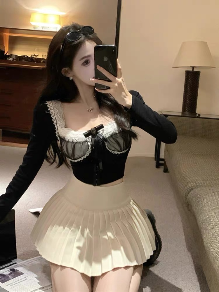 純欲辣妹方領魚骨上衣女早春帶胸墊長袖t恤蕾絲打底衫小香風內搭