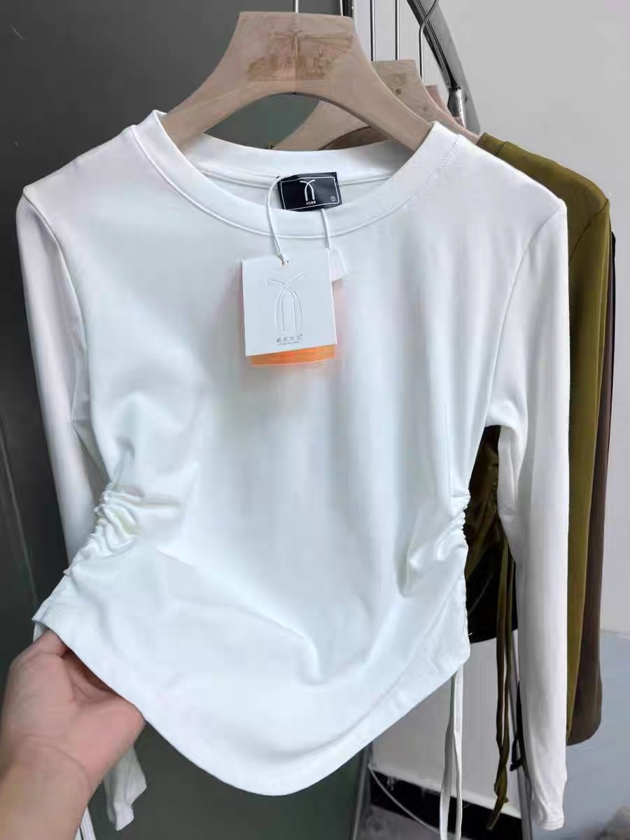 Korean style drawstring design, slim and versatile, round neck, long sleeves, bottoming shirt, T-shirt, women's slim fashion top, autumn style
