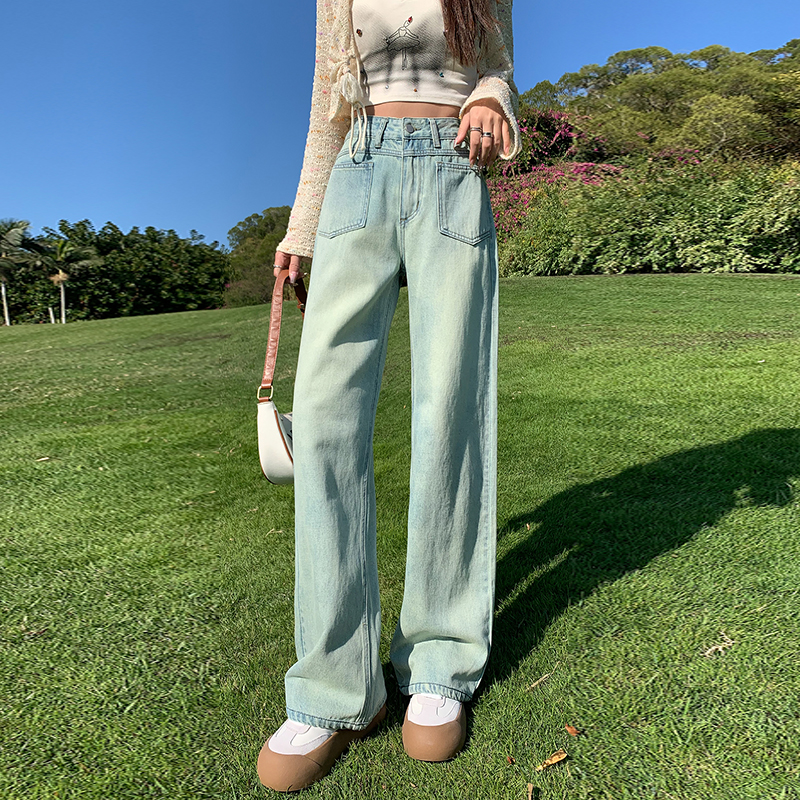 實拍復古闊腿高腰牛仔褲女春季美式高街顯瘦辣妹拖地寬鬆直筒褲子