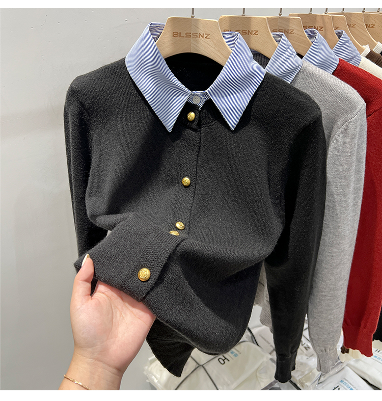 Black fake two piece spliced ​​sweater cardigan for women autumn and winter new chic bottoming shirt with top knitted sweater