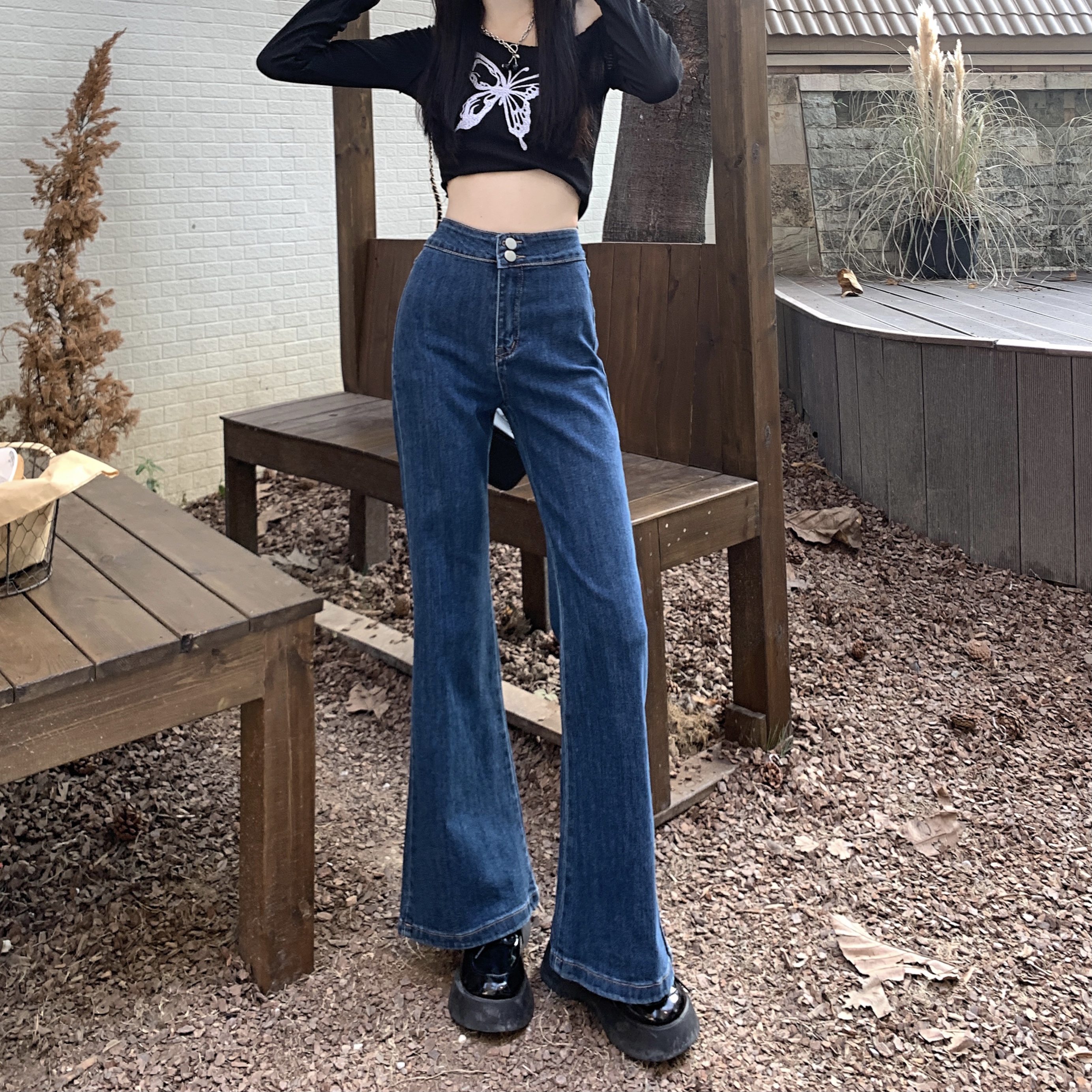 Actual shot of 2024 spring new high street ins trendy dark blue elastic high-waisted slimming jeans for women with wide legs