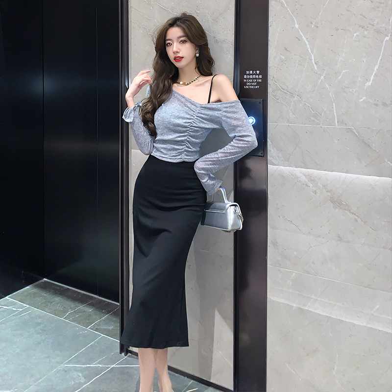 2024春夏新款純欲風性感吊帶連衣裙斜肩罩衫長袖上衣時尚兩件套女