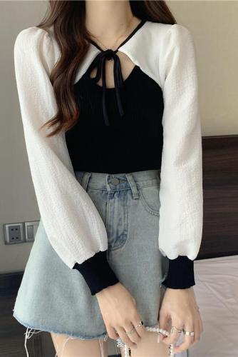 Design sense niche splicing long-sleeved sweater early autumn tops for women new this year popular beautiful short bottoming shirt